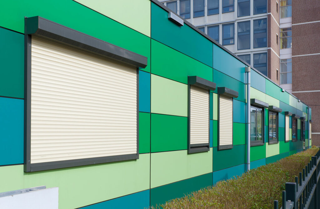 Modular building with colorful paneling